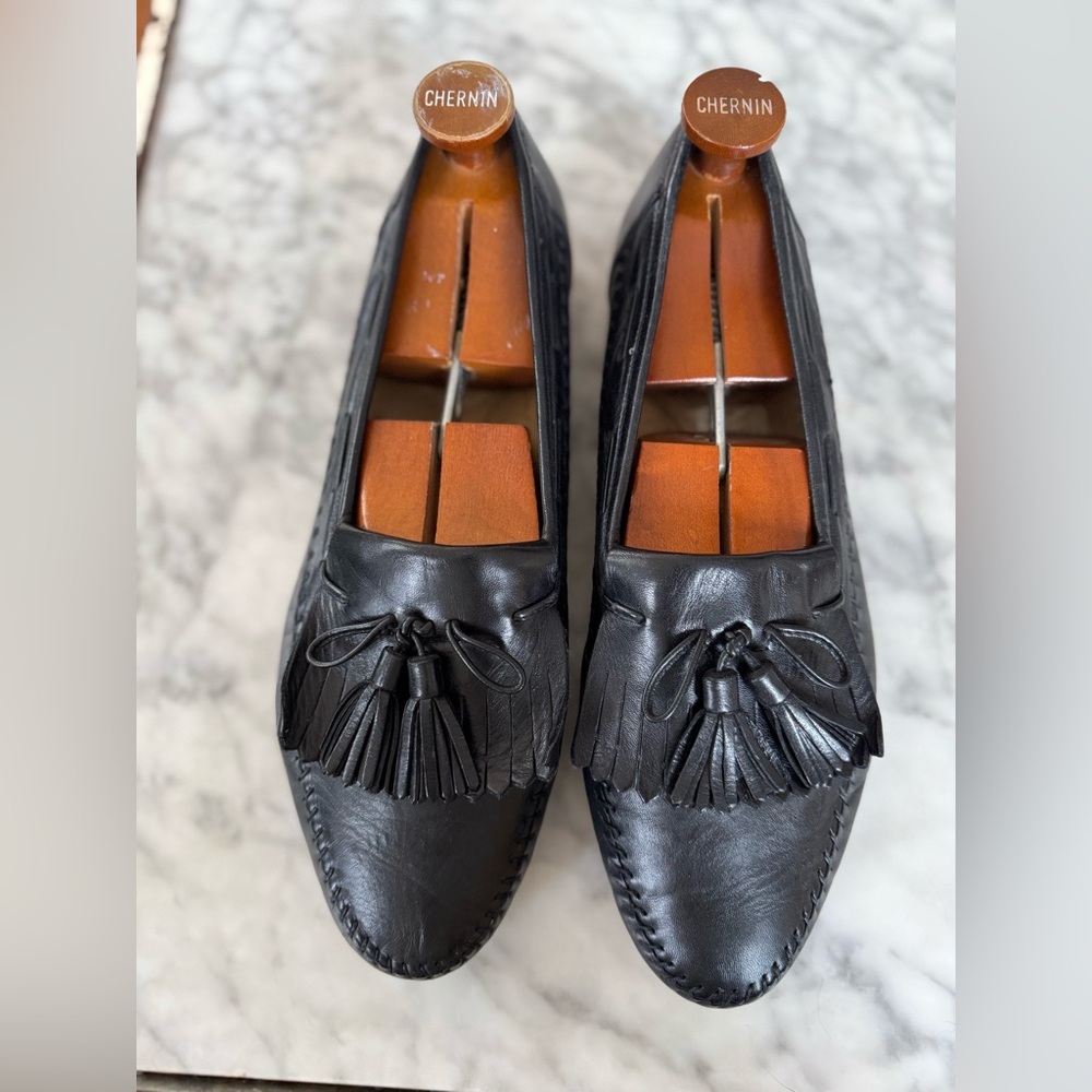 Santoni Black Leather Tassel Loafers
